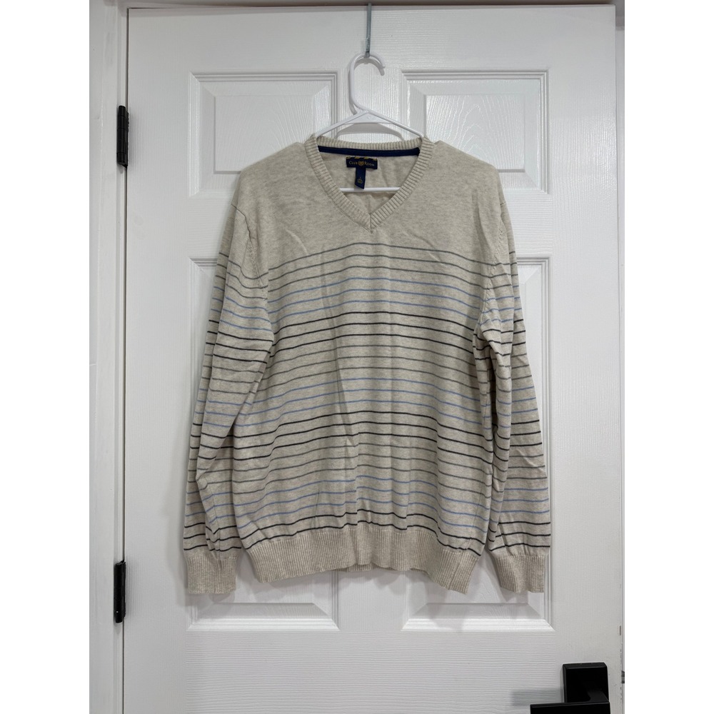 Club Room Mens V-Neck Striped Cotton Sweater Beige Blue Large L